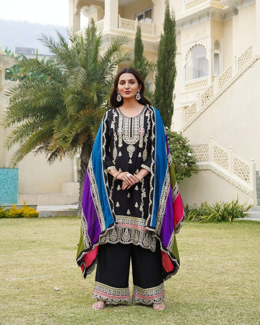 "Elegant Pure Heavy Chinnon Silk Suit Set with Embroidery Coding Sequence Work & Matching Dupatta"