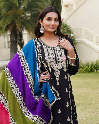 "Elegant Pure Heavy Chinnon Silk Suit Set with Embroidery Coding Sequence Work & Matching Dupatta"