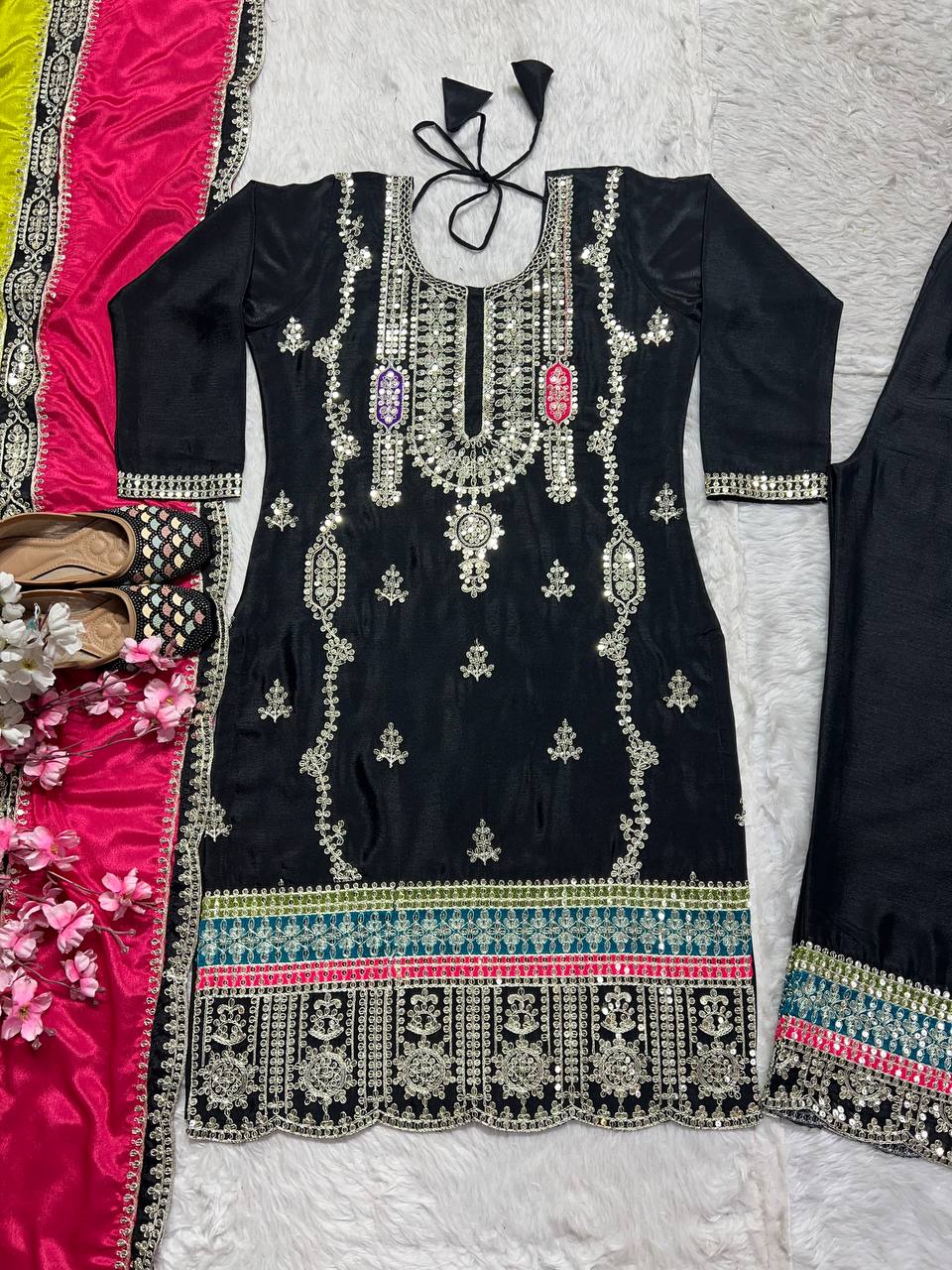 "Elegant Pure Heavy Chinnon Silk Suit Set with Embroidery Coding Sequence Work & Matching Dupatta"