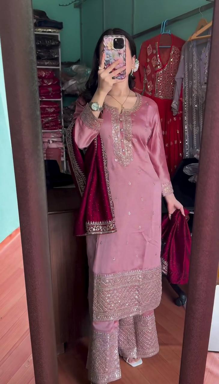 "Elegant Chinnon Silk Embroidered 3-Piece Set with Sequence Work"