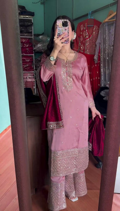 "Elegant Chinnon Silk Embroidered 3-Piece Set with Sequence Work"