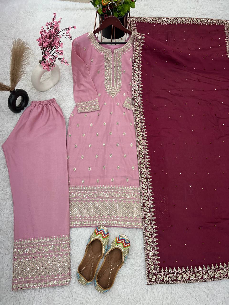 "Elegant Chinnon Silk Embroidered 3-Piece Set with Sequence Work"