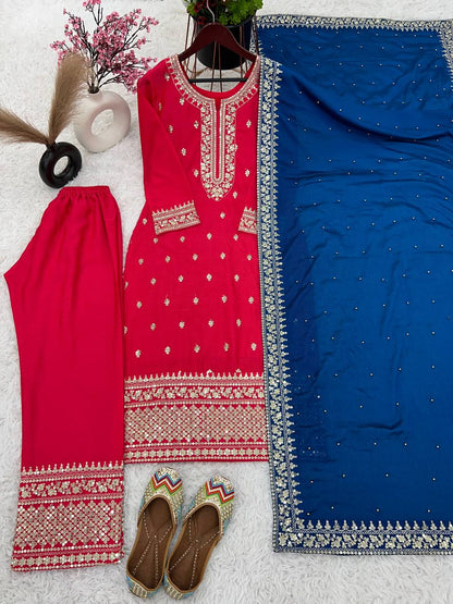"Elegant Chinnon Silk Embroidered 3-Piece Set with Sequence Work"