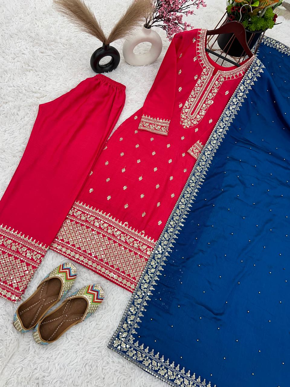 "Elegant Chinnon Silk Embroidered 3-Piece Set with Sequence Work"