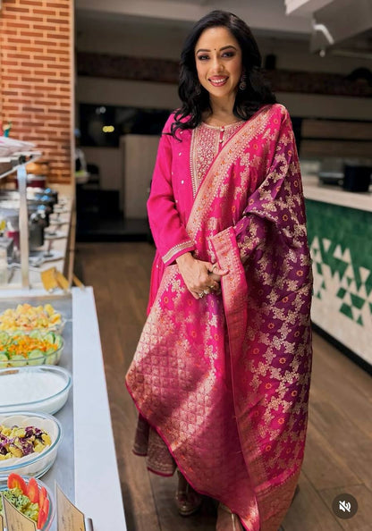 "Elegant Gwon Set with Heavy Embroidery, Satin Dupatta, and Butter Silk Bottom – Fully Stitched, Ready to Wear"