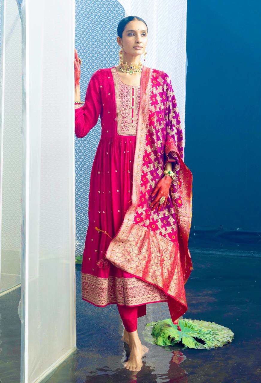 "Luxury Embroidered Gwon Set with Satin Dupatta & Silk Bottom – Ready to Wear"