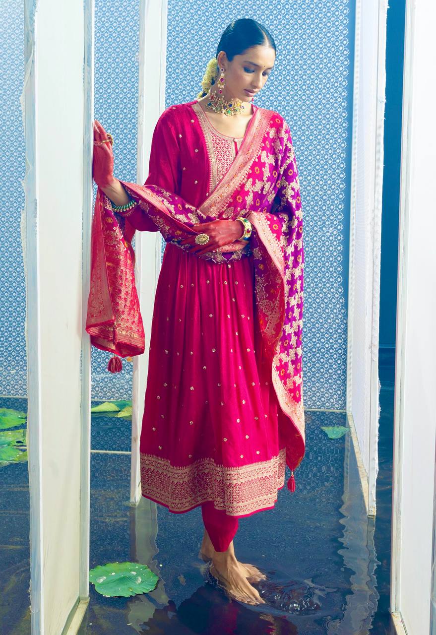 "Luxury Embroidered Gwon Set with Satin Dupatta & Silk Bottom – Ready to Wear"
