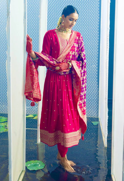"Luxury Embroidered Gwon Set with Satin Dupatta & Silk Bottom – Ready to Wear"