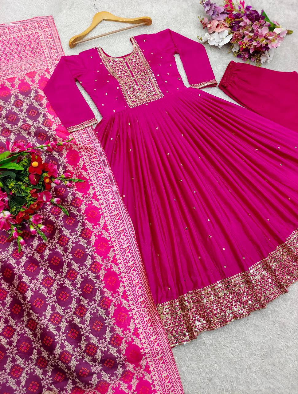 "Luxury Embroidered Gwon Set with Satin Dupatta & Silk Bottom – Ready to Wear"