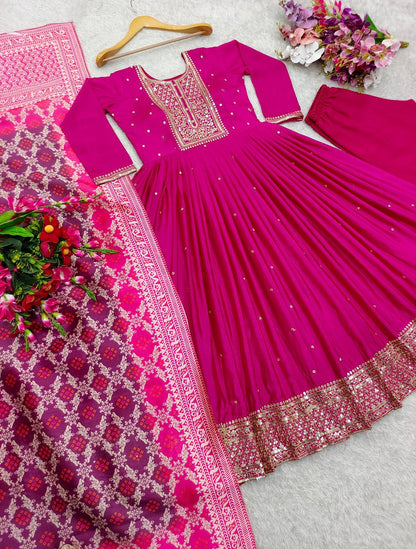 "Luxury Embroidered Gwon Set with Satin Dupatta & Silk Bottom – Ready to Wear"