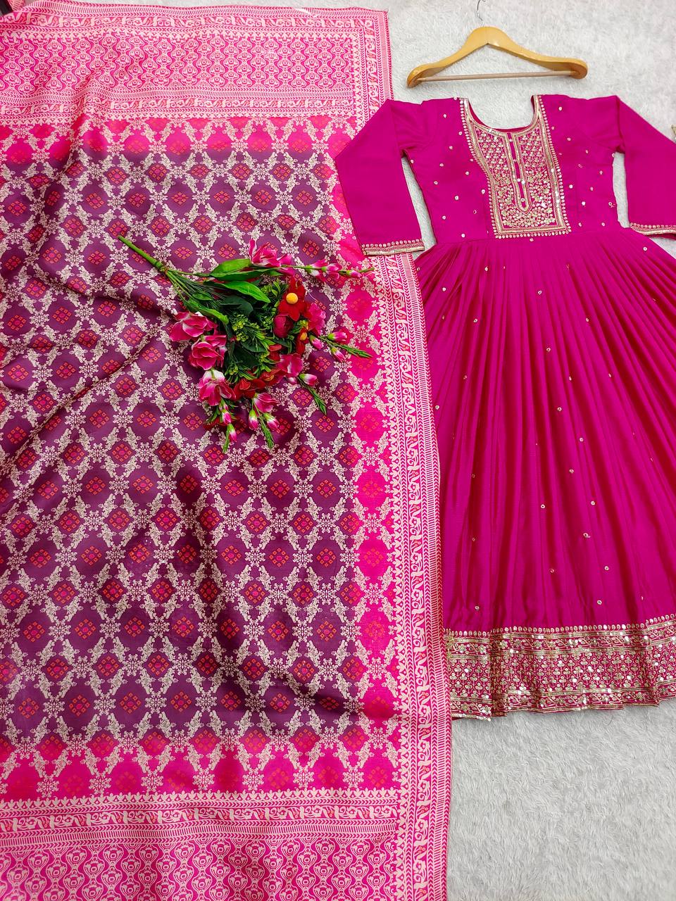 "Elegant Gwon Set with Heavy Embroidery, Satin Dupatta, and Butter Silk Bottom – Fully Stitched, Ready to Wear"