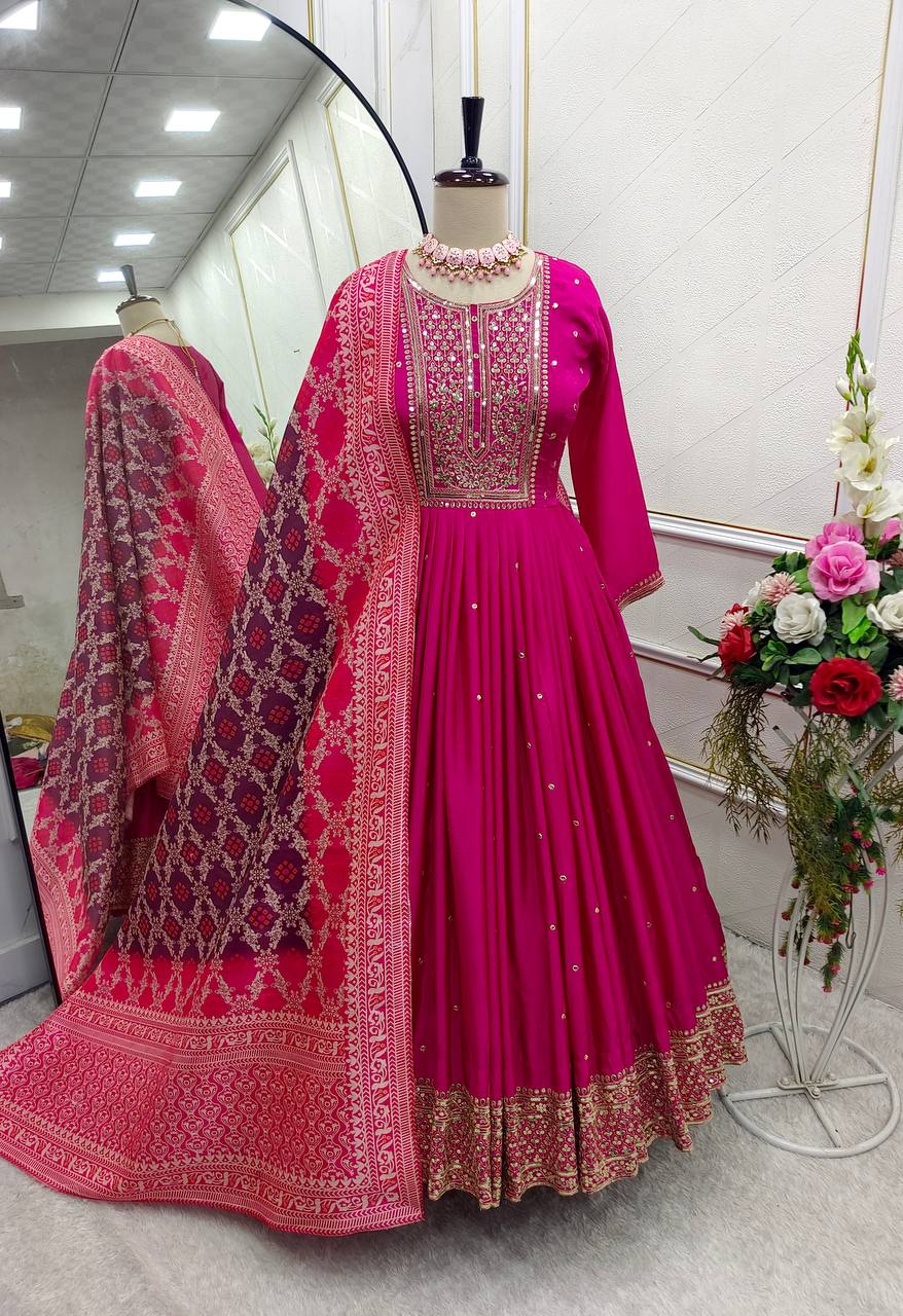 "Luxury Embroidered Gwon Set with Satin Dupatta & Silk Bottom – Ready to Wear"