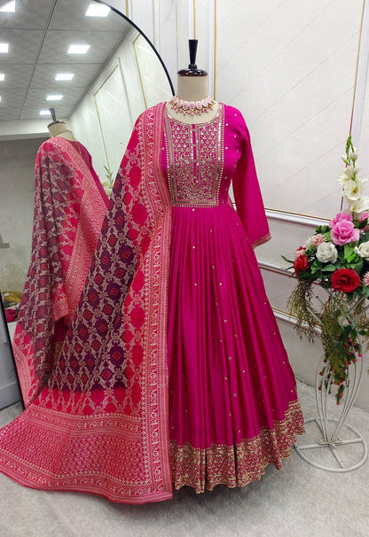 "Luxury Embroidered Gwon Set with Satin Dupatta & Silk Bottom – Ready to Wear"