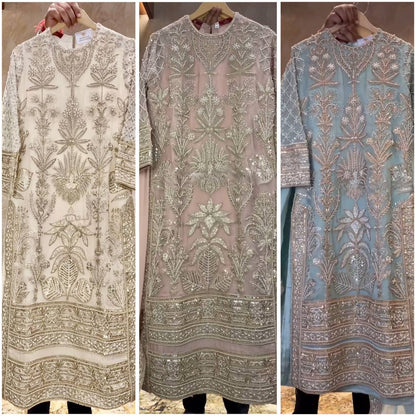 "Elegant Faux Georgette Ensemble with Sequence & Moti Embroidery"