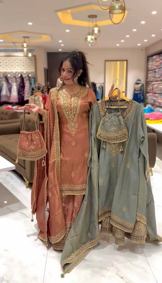 "Elegant Pure Chinnon Silk Set with Heavy Embroidery & Sequence Work"