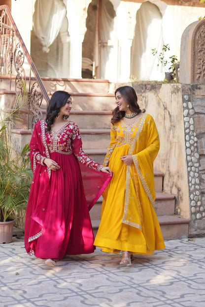 "Faux Blooming Embroidered Gown with Sequins and Designer Lace Dupatta"