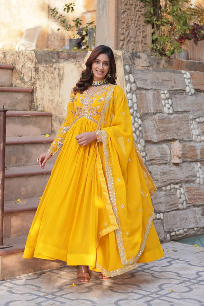 "Faux Blooming Embroidered Gown with Sequins and Designer Lace Dupatta"