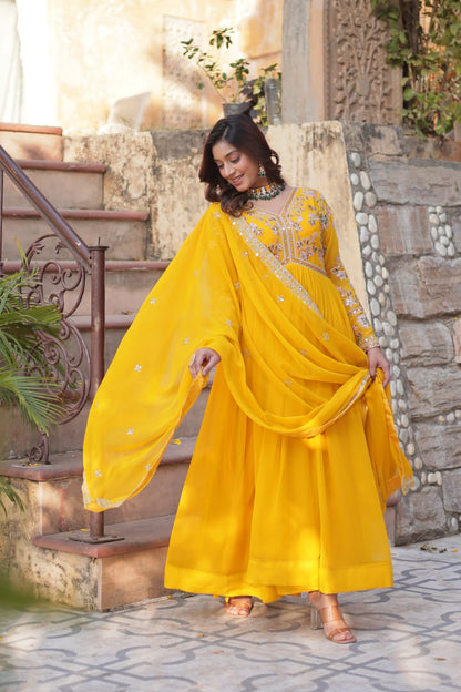 "Faux Blooming Embroidered Gown with Sequins and Designer Lace Dupatta"