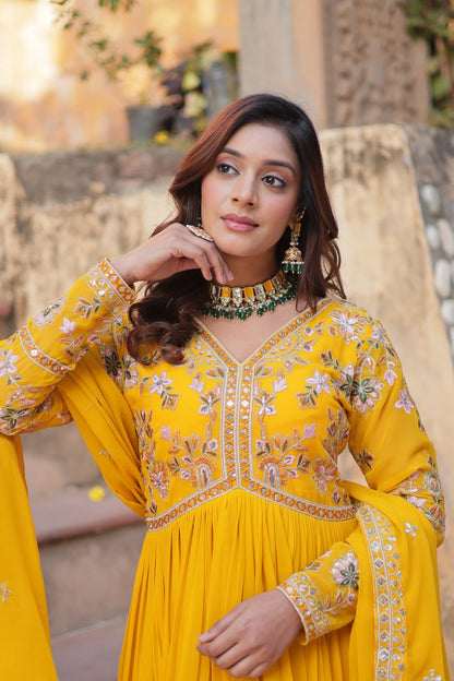 "Faux Blooming Embroidered Gown with Sequins and Designer Lace Dupatta"