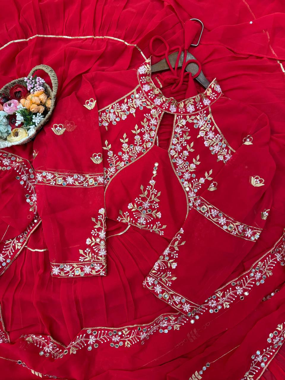 “Elegant Faux Georgette Lehenga Saree with Mirror & Sequence Embroidery - Full Stitched, Full Flair”