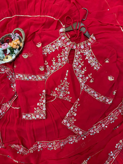 “Elegant Faux Georgette Lehenga Saree with Mirror & Sequence Embroidery - Full Stitched, Full Flair”
