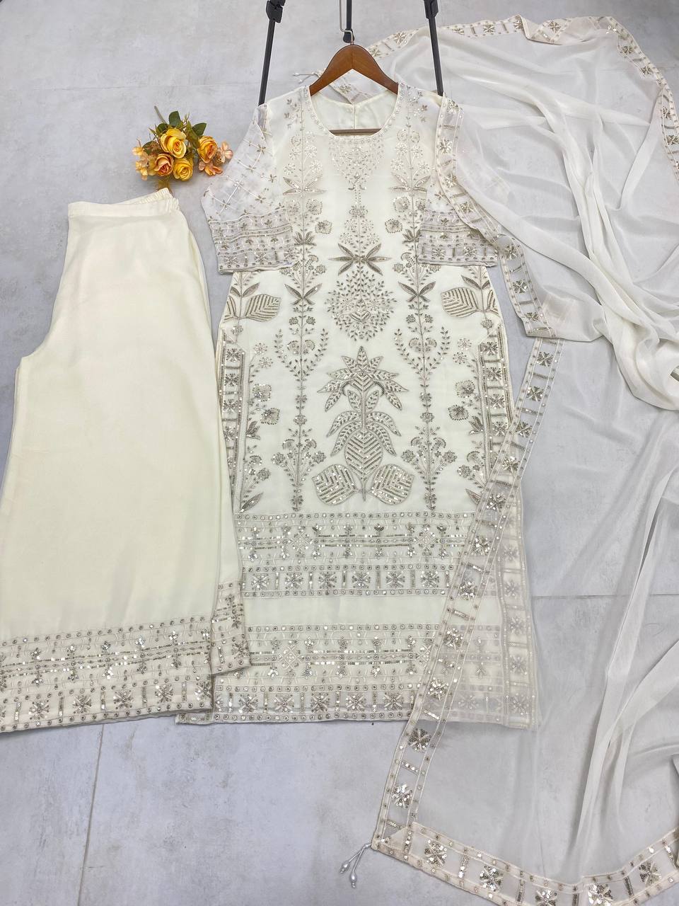 "Elegant Faux Georgette Ensemble with Sequence & Moti Embroidery"