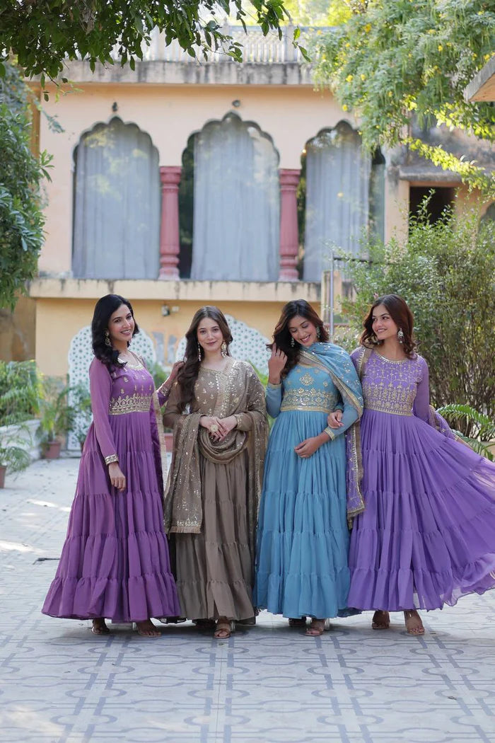 "Luxurious Star Georgette Gown with Frill Stitching & Embroidered Dupatta"