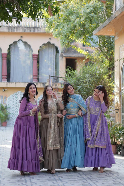"Luxurious Star Georgette Gown with Frill Stitching & Embroidered Dupatta"