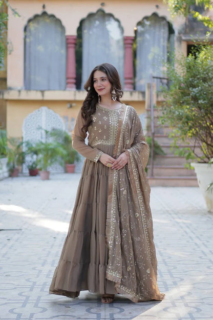 "Luxurious Star Georgette Gown with Frill Stitching & Embroidered Dupatta"