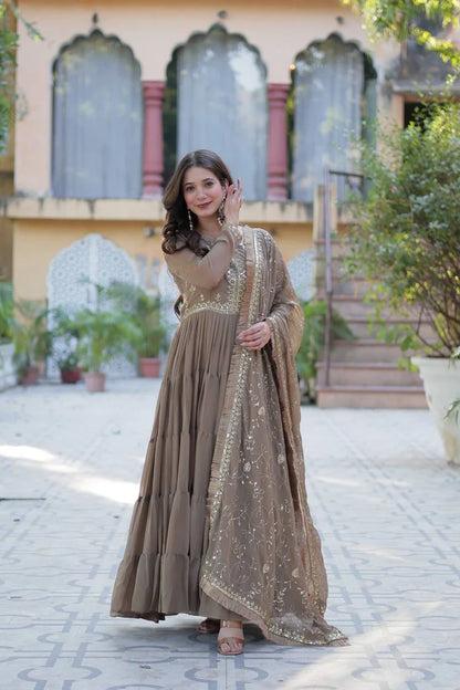 "Luxurious Star Georgette Gown with Frill Stitching & Embroidered Dupatta"