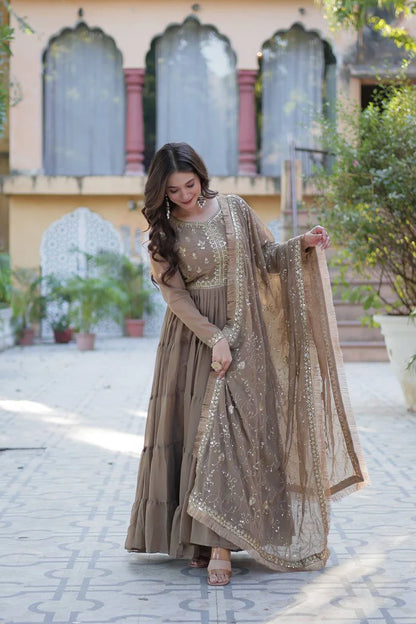 "Luxurious Star Georgette Gown with Frill Stitching & Embroidered Dupatta"
