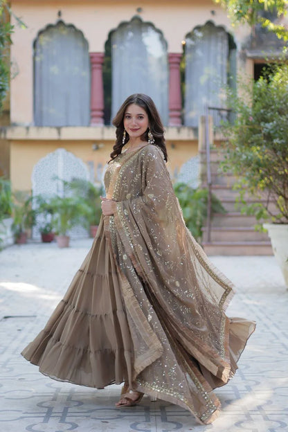 "Luxurious Star Georgette Gown with Frill Stitching & Embroidered Dupatta"