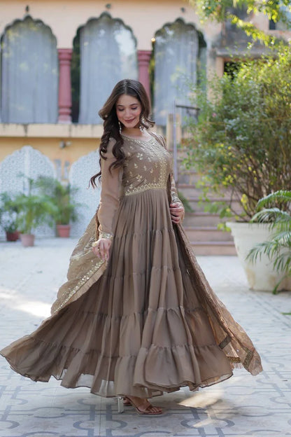 "Luxurious Star Georgette Gown with Frill Stitching & Embroidered Dupatta"