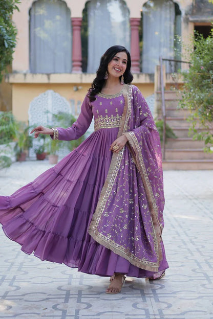 "Luxurious Star Georgette Gown with Frill Stitching & Embroidered Dupatta"