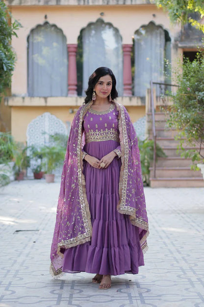 "Luxurious Star Georgette Gown with Frill Stitching & Embroidered Dupatta"