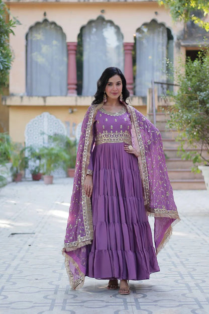 "Luxurious Star Georgette Gown with Frill Stitching & Embroidered Dupatta"