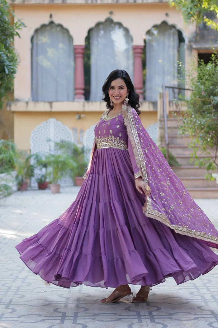 "Luxurious Star Georgette Gown with Frill Stitching & Embroidered Dupatta"