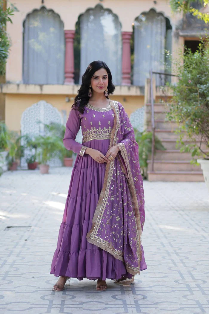 "Luxurious Star Georgette Gown with Frill Stitching & Embroidered Dupatta"