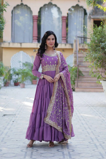 "Luxurious Star Georgette Gown with Frill Stitching & Embroidered Dupatta"