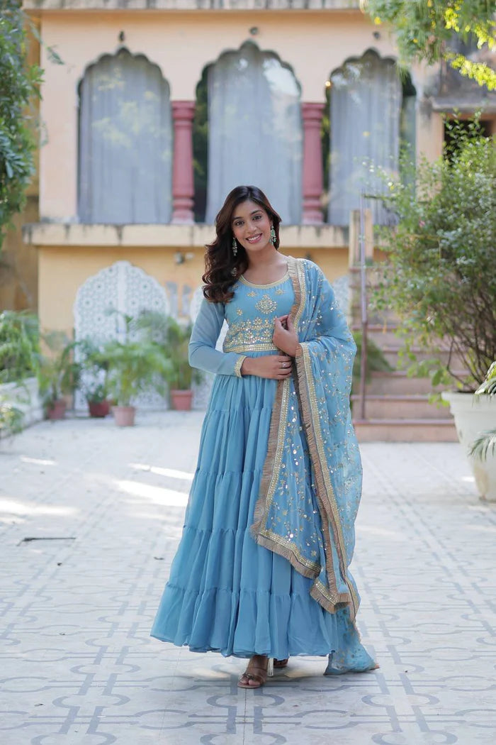 "Luxurious Star Georgette Gown with Frill Stitching & Embroidered Dupatta"
