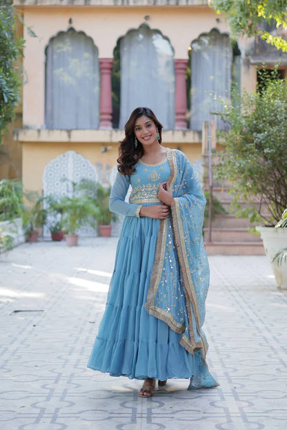 "Luxurious Star Georgette Gown with Frill Stitching & Embroidered Dupatta"