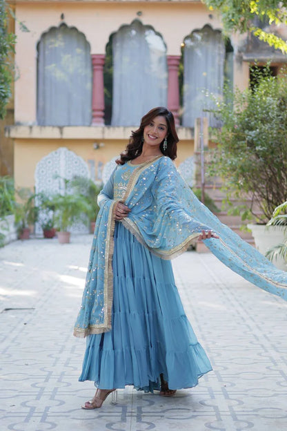 "Luxurious Star Georgette Gown with Frill Stitching & Embroidered Dupatta"