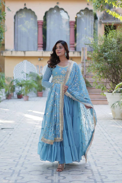 "Luxurious Star Georgette Gown with Frill Stitching & Embroidered Dupatta"