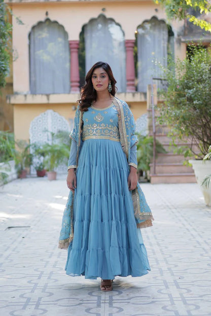 "Luxurious Star Georgette Gown with Frill Stitching & Embroidered Dupatta"