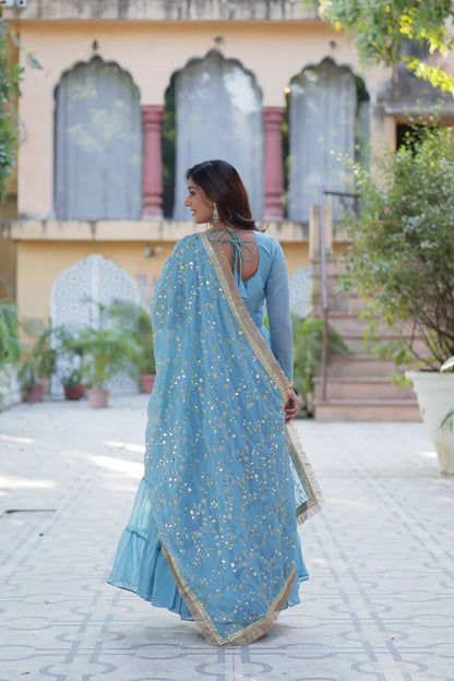 "Luxurious Star Georgette Gown with Frill Stitching & Embroidered Dupatta"