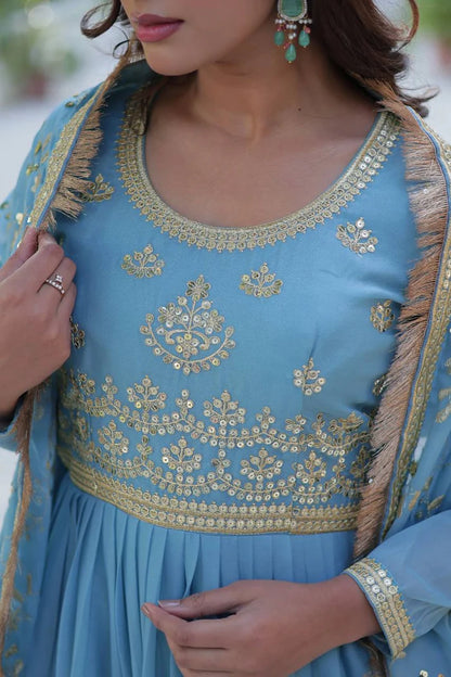 "Luxurious Star Georgette Gown with Frill Stitching & Embroidered Dupatta"