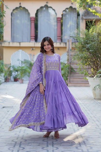 "Luxurious Star Georgette Gown with Frill Stitching & Embroidered Dupatta"