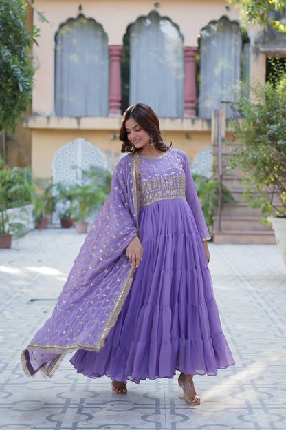 "Luxurious Star Georgette Gown with Frill Stitching & Embroidered Dupatta"