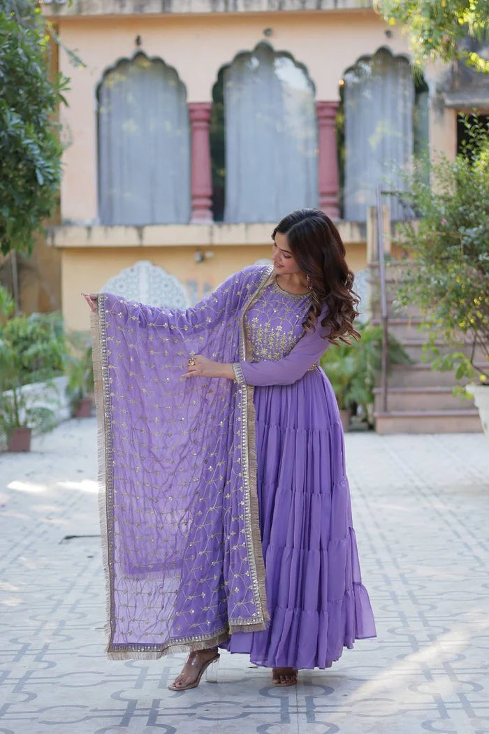 "Luxurious Star Georgette Gown with Frill Stitching & Embroidered Dupatta"