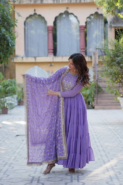 "Luxurious Star Georgette Gown with Frill Stitching & Embroidered Dupatta"